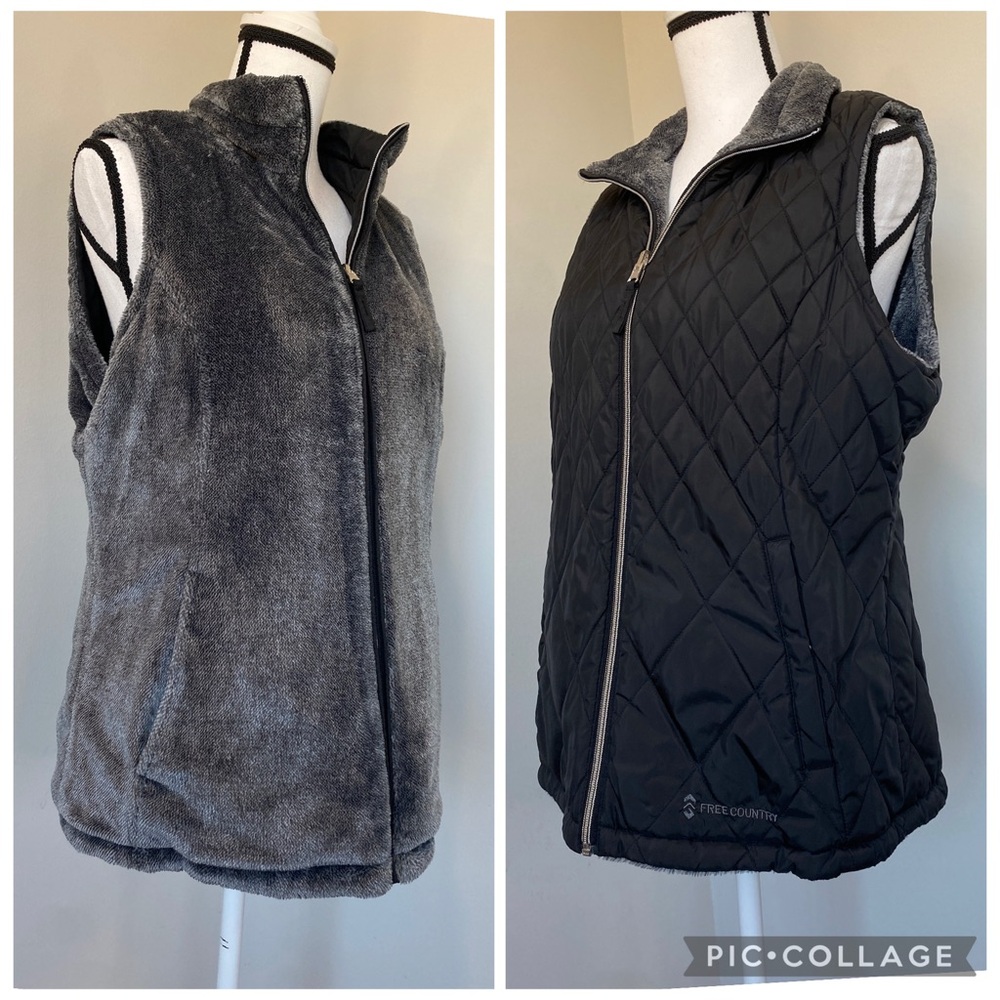 Free Country Reversible Quilted Fleece Vest Large Black Gray Gorpcore Hiking Ski